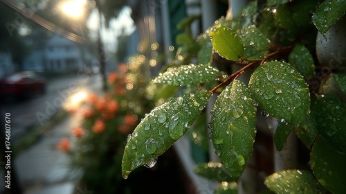 Fresh morning sunlight on rainy leaves.