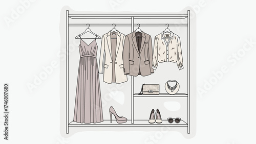 Fashion Wardrobe Rack with Elegant Neutral Clothing and Accessories