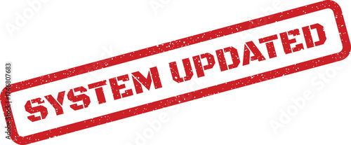 Grunge red rubber stamp vector with SYSTEM UPDATED text, signaling successful completion of revisions