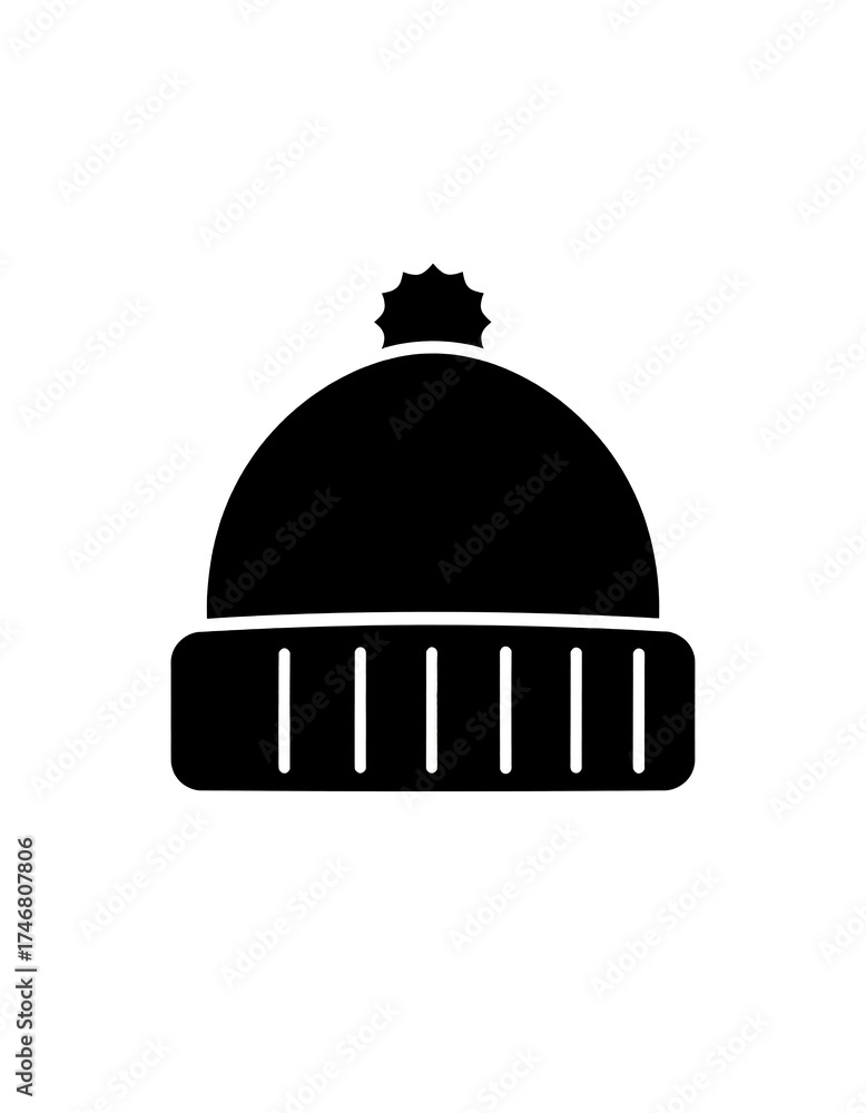 Fototapeta premium A black and white illustration of a winter beanie hat with a folded brim and a small pom-pom on top. The hat is shown in a minimalist style against a white background