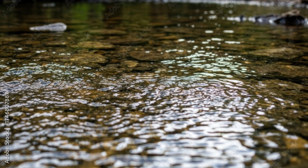 Fototapeta premium Shallow stream with rocks, water ripples, and natural light reflection