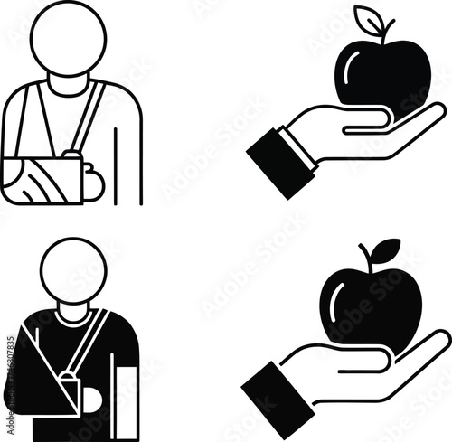 Injury Prevention & Healthy Lifestyle: Vector Icons of Broken Arm in Sling & Hand Holding Apple for Health & Wellness Concepts