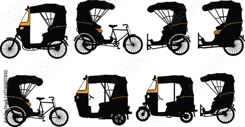 "Rickshaw and auto rickshaw silhouettes vector set, traditional transport vehicles, cultural travel design, urban mobility illustration for tourism and business"