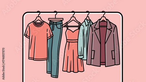 Digital Fashion Wardrobe: Clothes on Hangers for Online Shopping App or E-commerce Store. Flat Line Art Illustration.
