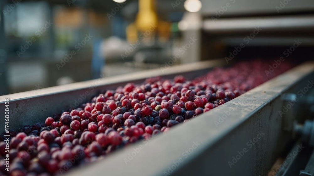 Fototapeta premium Cranberries journey along a metallic river, echoing cranberry sauce dreams and Thanksgiving whispers, industrial nostalgia in autumn hues