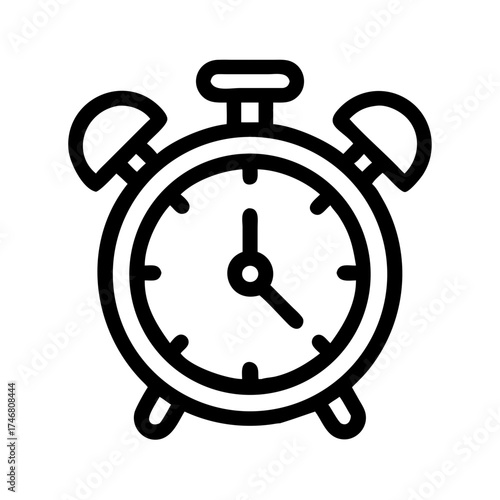 Vector art of a simple line art icon of an alarm clock with two bells, a round face, and hands, presented on a clean, isolated