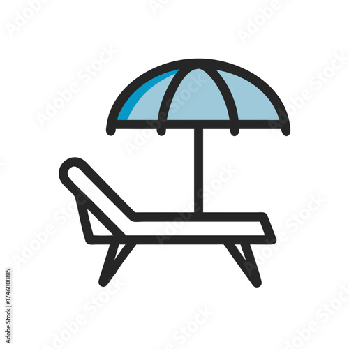 Vector art of a minimalist icon of a lounge chair with a beach umbrella, isolated on a, representing relaxation and comfort during a sunny vacation
