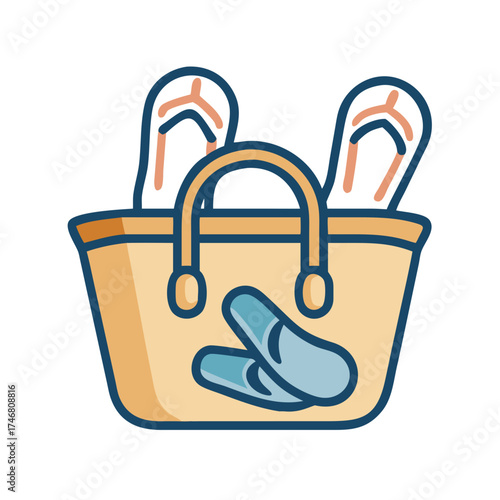 Vector art of a colorful flat design icon of a straw beach bag filled with flipflops and other beach essentials, isolated on a, symbolizing a perfect day at the beach