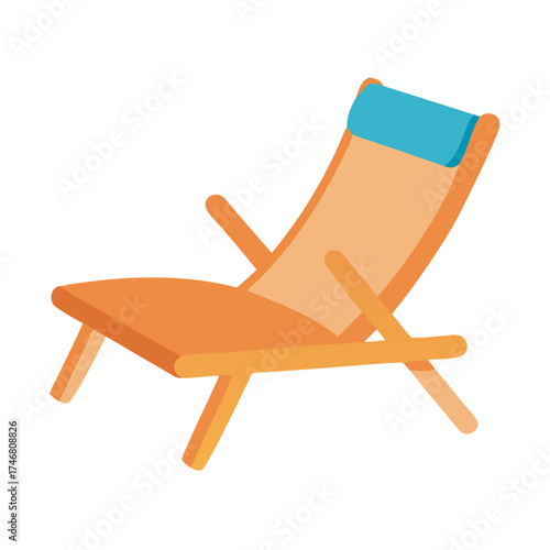 Vector art of a simple flat design illustration of an orange lounge chair with a blue headrest, isolated on a, perfect for summer or vacation themes