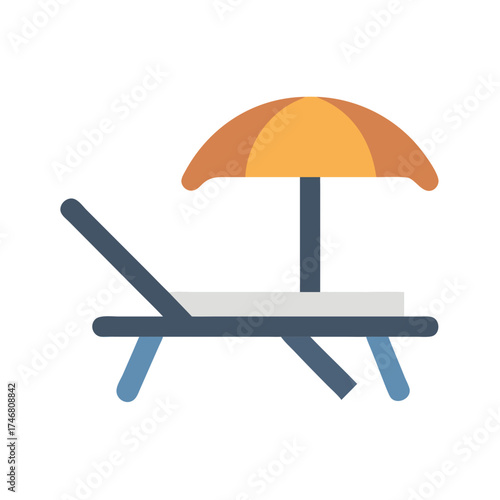 Vector art of a flat design illustration of a lounge chair with an umbrella, isolated on a, representing a relaxing vacation or beach scene