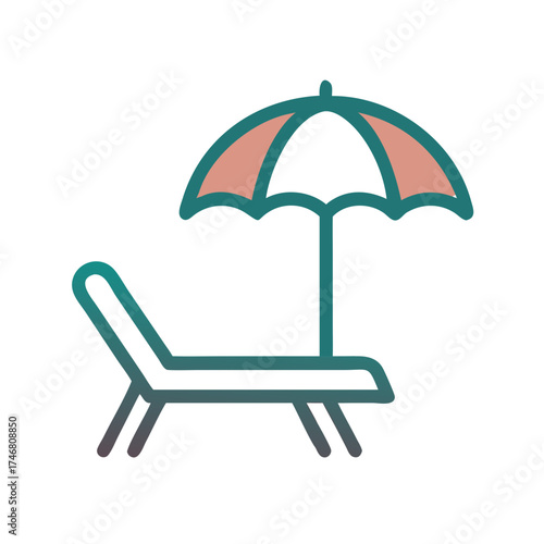 Vector art of a minimalist flat design icon of a lounge chair and umbrella with a gradient effect, isolated on a, symbolizing a vacation or beach setting