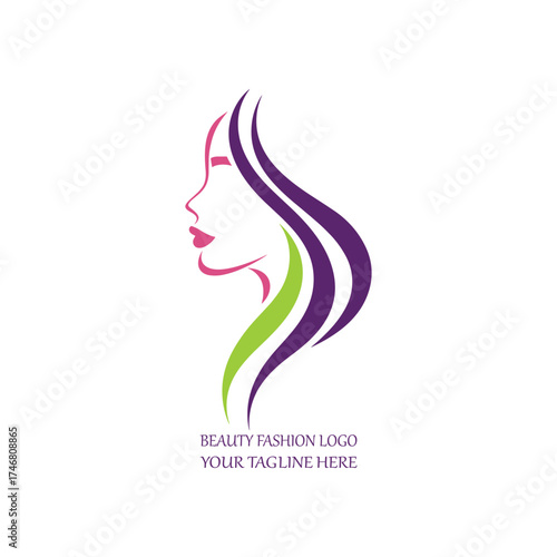Modern Beauty and Fashion Logo with Elegant Woman Silhouette and Flowing Hair in Purple and Green on White Background