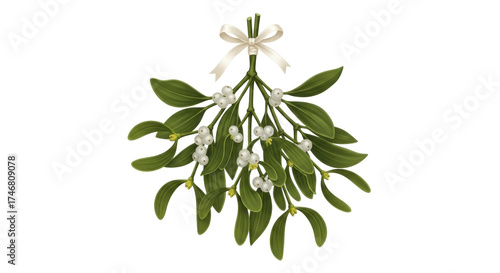 Photos Isolated hanging mistletoe with ribbon, decorative floral christmas winter decor