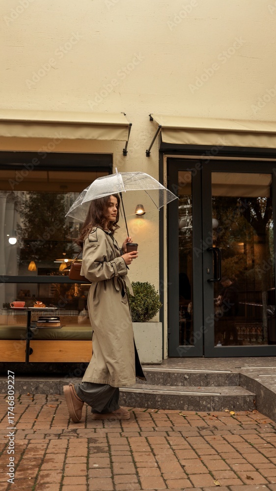 Obraz premium Girl in trench coat walking with umbrella