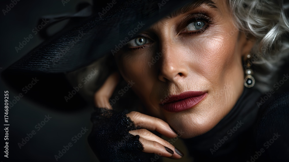 Obraz premium Graceful mature woman with silver hair in elegant black attire posing confidently — perfect for beauty editorials, age-positive campaigns