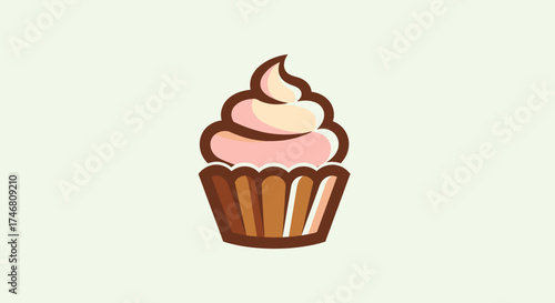 An illustration of a cupcake with pink and cream frosting and a brown wrapper against a light background.