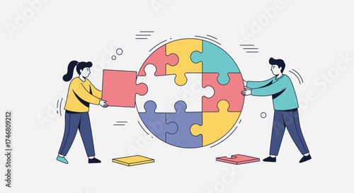 Two individuals working together to assemble a colorful jigsaw puzzle.
