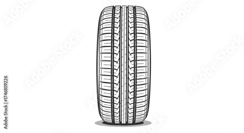 A detailed front-facing illustration of a car tire with tread pattern, standing on a white surface.