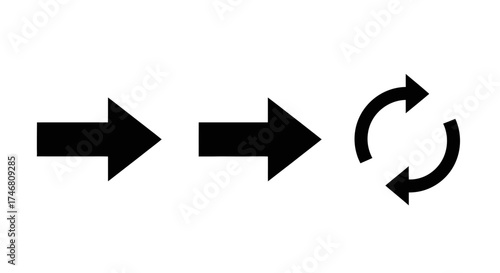 Three black arrows, two pointing right and one circular, arranged in a horizontal line on a white background.