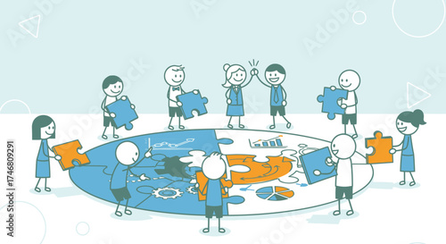 Cartoon people collaborate, assembling a puzzle with business charts and graphs, celebrating success.