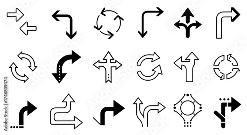 Collection of various black and white arrow icons representing different directions and pathways.