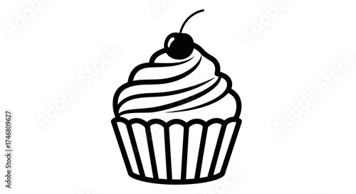 A simple black and white illustration of a cupcake with frosting and cherry.