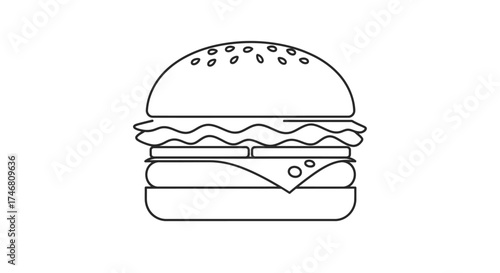 Simple line drawing of a burger with bun, patty, cheese, lettuce, and tomato.