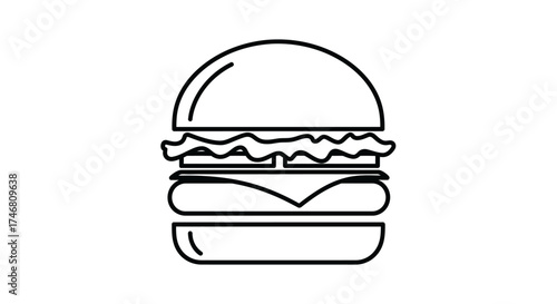 Simple line drawing of a burger with bun, patty, cheese, and lettuce.