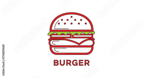 Minimalist illustration of a burger with visible layers, including bun, lettuce, cheese, and meat, with the word "BURGER" beneath.