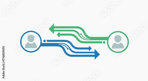 Two figures connected by directional arrows, one set in green, the other in blue, symbolizing communication or exchange.