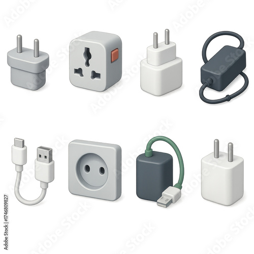 3D Power Adapter Icons. Power adapter set of icons in 3D color style: dual plug adapter, universal converter block, USB wall charger, laptop cord with