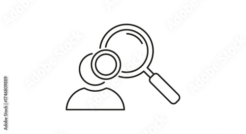 Line art illustration of a person's silhouette with a magnifying glass over their head, representing search or investigation.