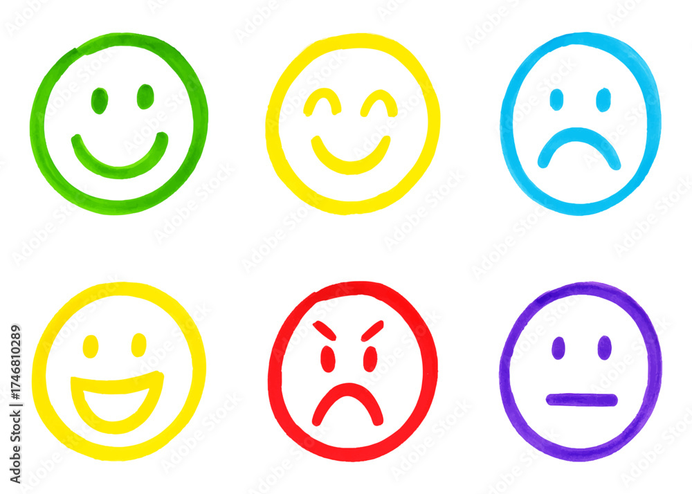 Fototapeta premium Hand Drawn Color Marker Emoji Face. Bright Emotional Expression Set