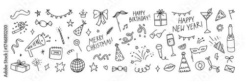 Doodle party. Birthday invitation, Merry Christmas and New Year festive carnival elements with disco ball, garland and champagne bottle and glass, hat and firework, candy. Vector set