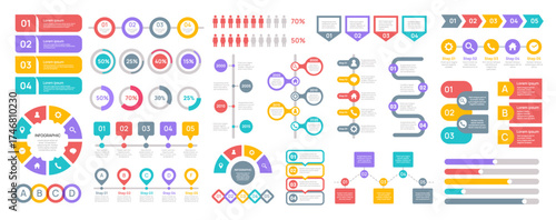 Infographics elements. Chart, graph and statistic diagram for data presentation, business flowchart and timeline, process workflow with steps, marketing layout. Vector template