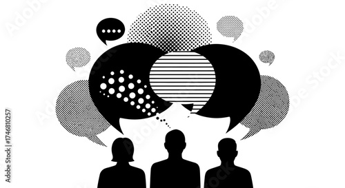 Silhouetted figures with overlapping speech bubbles filled with patterns, suggesting communication and ideas.
