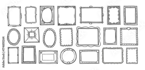 Doodle frames. Line square and circle photo border, vintage hand drawn simple picture frame. Sketch scrapbook and photo album gallery decoration. Vector isolated set