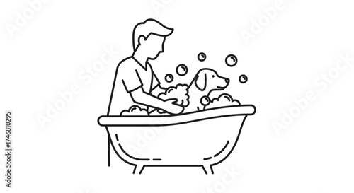 Line art illustration of a person bathing a dog in a bathtub with bubbles.