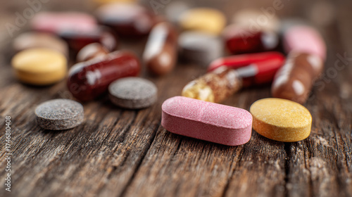 Tablets and capsules scattered on wooden surface, pharmaceutical detail