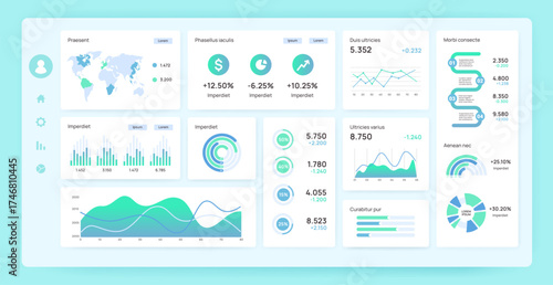 Dashboard. Business interface with presentation infographic graph, chart and kpi diagram. Financial analytics report template. Data visualization vector infographics