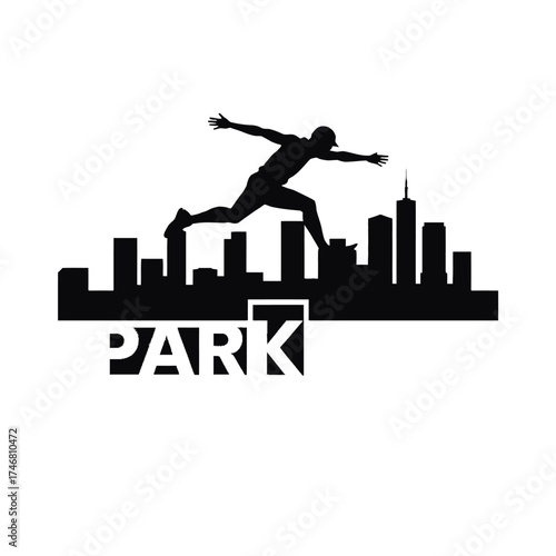 Silhouette of a person performing parkour, jumping over a city skyline.
