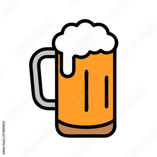 Vector art of a colorful icon of a beer mug filled with golden ale and topped with white foam, set against a clean