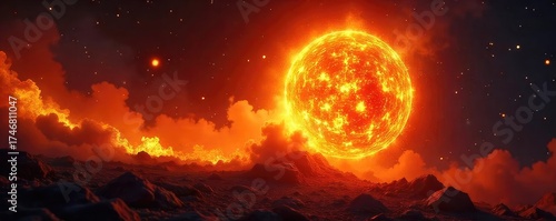 A fiery orb of intense heat and light, a swirling vortex of incandescent plasma explodes outwards, leaving a trail of burning embers , sparks, dark