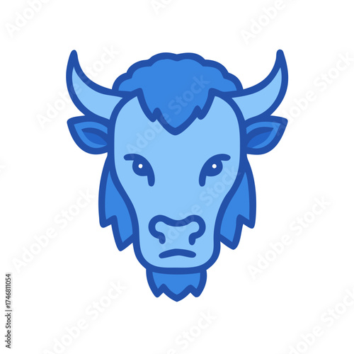 Vector art of a vibrant blue, flat design icon representing the head of a bison or buffalo, characterized by bold outlines, a shaggy mane, and prominent horns, set against a