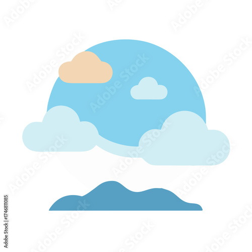 Vector art of a stylized illustration of a blue sky with fluffy clouds and a hint of a mountain range at the bottom