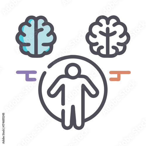 Vector art of human figure in a circle with two brain icons above, representing thought, mind, intellect, and cognition