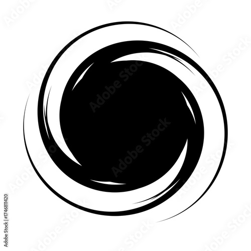 Abstract swirl circle brush stroke silhouette PNG isolated on transparent background, round ink stroke design, grunge circular frame, black artistic shape for decoration, logo, symbol, graphic element