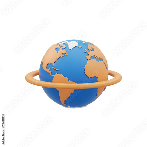 3D Cartoon Earth with Orange Ring