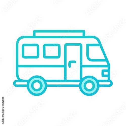 Vector art of a simple, stylized line art icon of a camper van or rv in a bright turquoise blue outline, representing travel, road trips, and mobile living