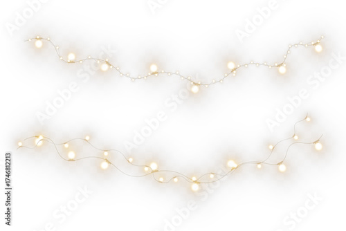 Christmas garland string lights shining with bright bulbs, glowing seasonal star and holiday decoration png.